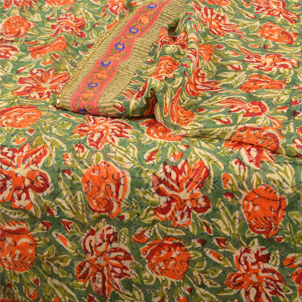 Sanskriti Vintage Sari Blend Georgette Sarees Embroidered Green 5yd Craft Fabric For Crafting, Upcycling, or Even Wearing, DIY Projects