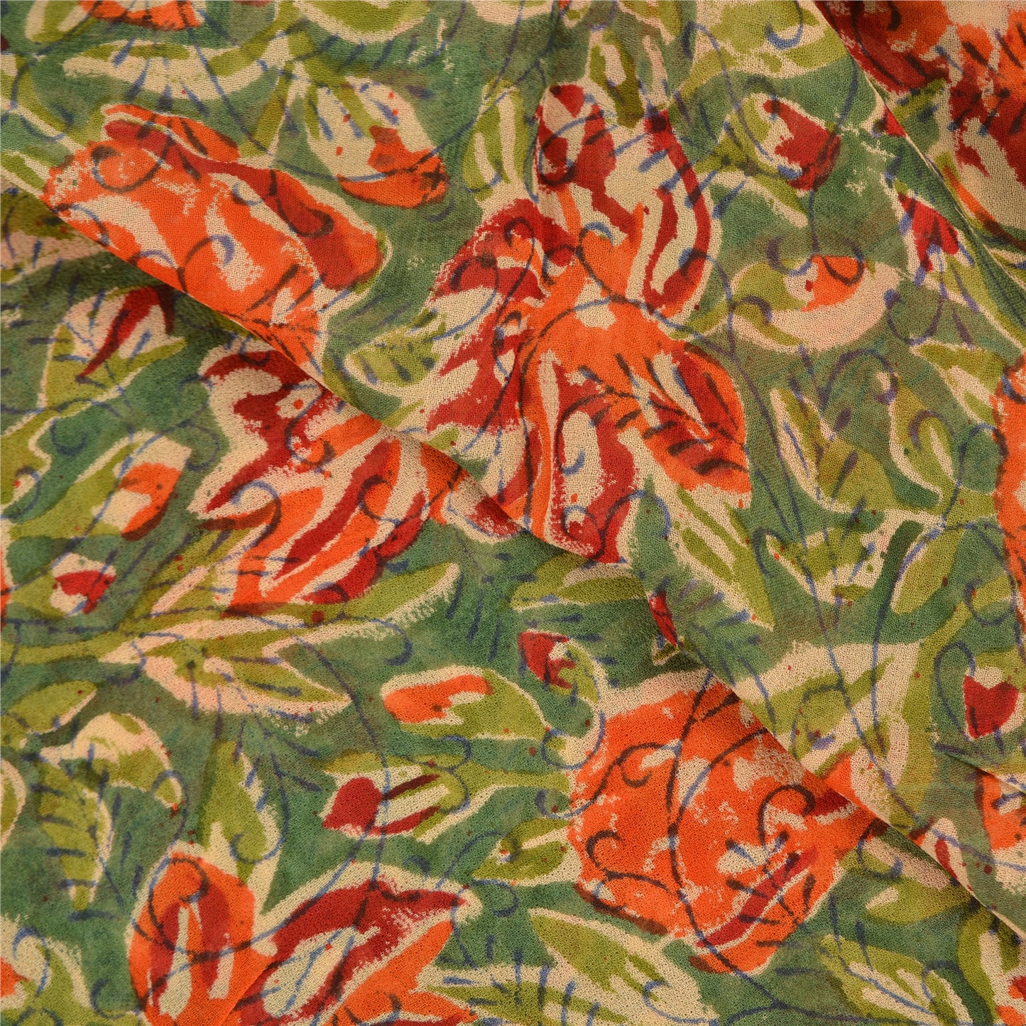 Sanskriti Vintage Sari Blend Georgette Sarees Embroidered Green 5yd Craft Fabric For Crafting, Upcycling, or Even Wearing, DIY Projects