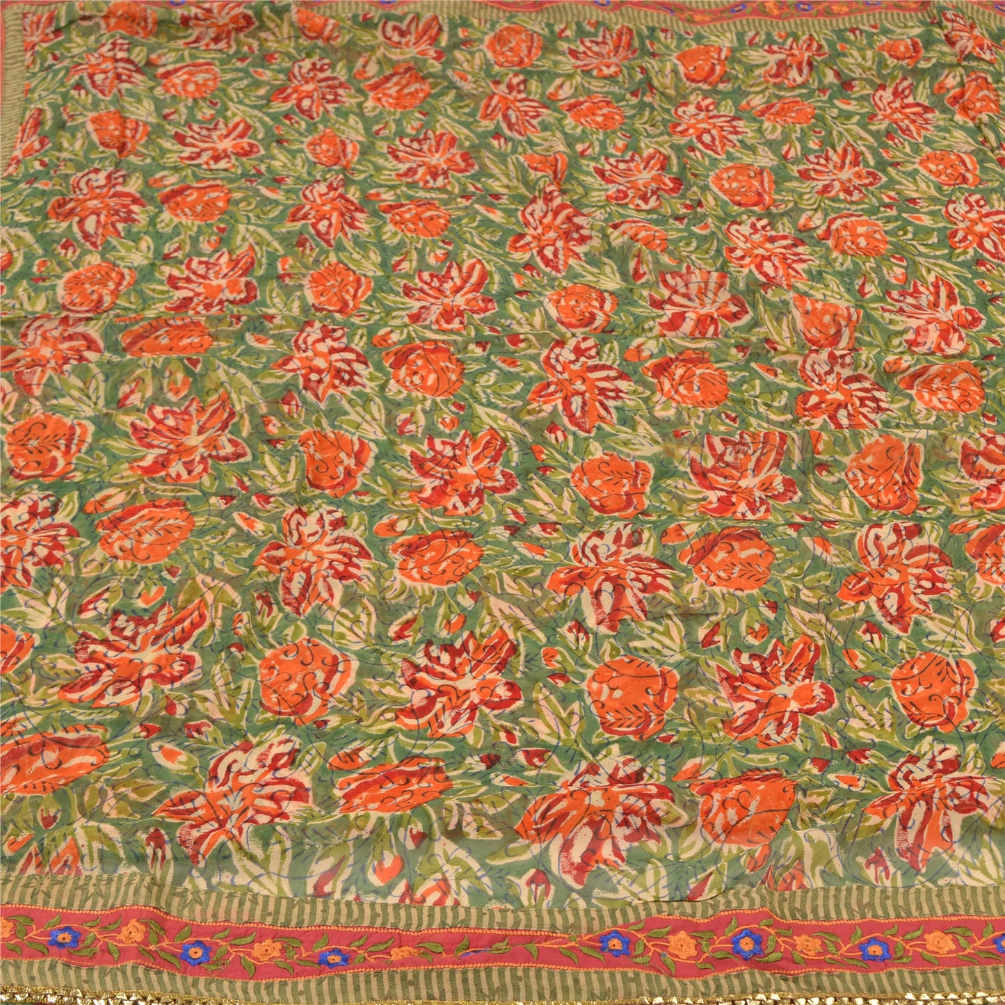 Sanskriti Vintage Sari Blend Georgette Sarees Embroidered Green 5yd Craft Fabric For Crafting, Upcycling, or Even Wearing, DIY Projects