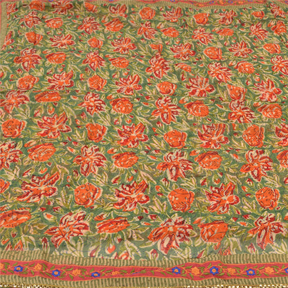 Sanskriti Vintage Sari Blend Georgette Sarees Embroidered Green 5yd Craft Fabric For Crafting, Upcycling, or Even Wearing, DIY Projects