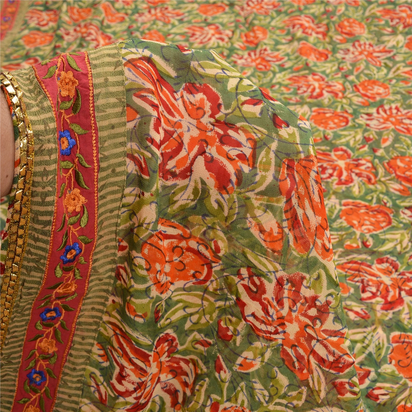 Sanskriti Vintage Sari Blend Georgette Sarees Embroidered Green 5yd Craft Fabric For Crafting, Upcycling, or Even Wearing, DIY Projects