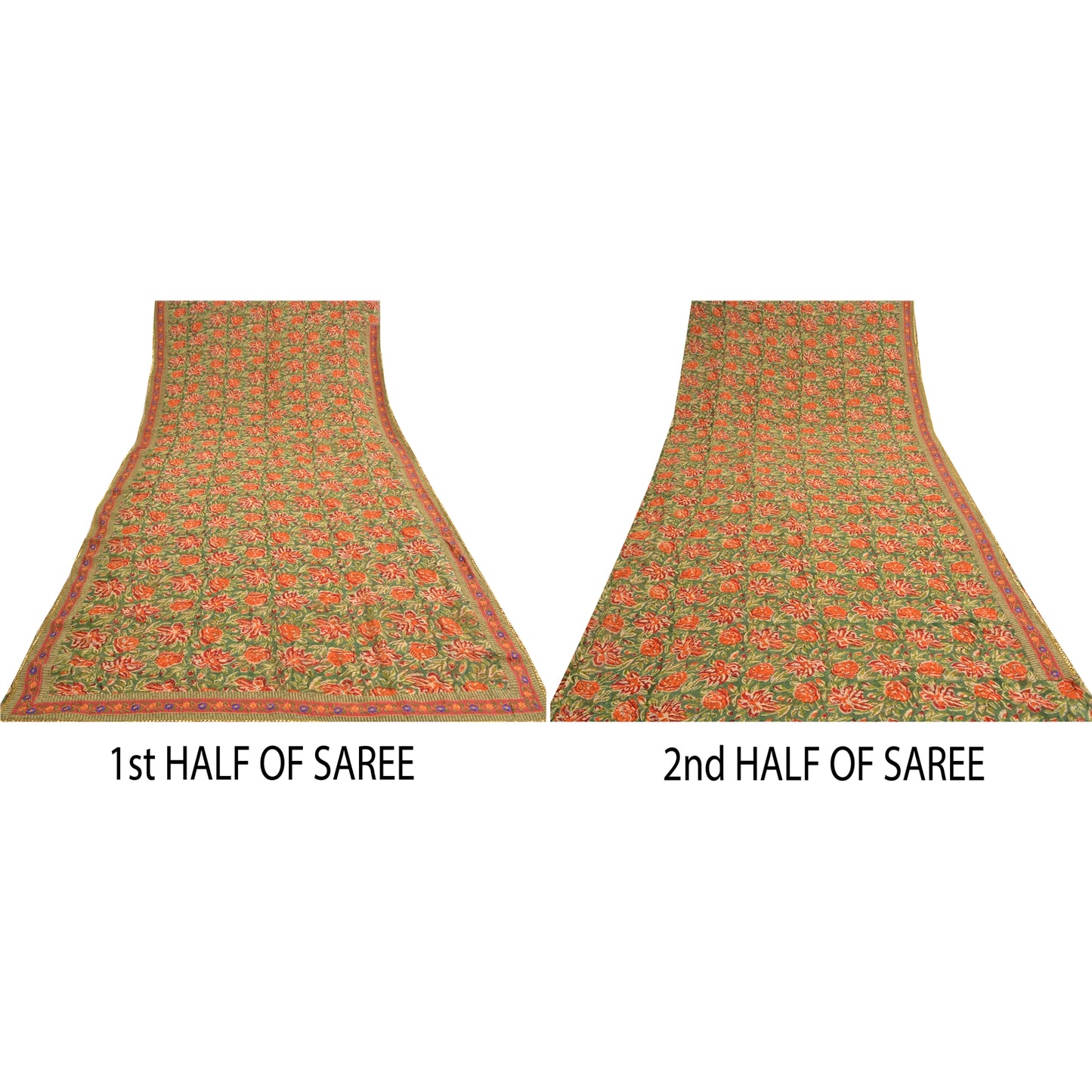 Sanskriti Vintage Sari Blend Georgette Sarees Embroidered Green 5yd Craft Fabric For Crafting, Upcycling, or Even Wearing, DIY Projects