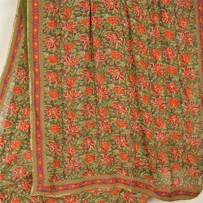 Sanskriti Vintage Sari Blend Georgette Sarees Embroidered Green 5yd Craft Fabric For Crafting, Upcycling, or Even Wearing, DIY Projects