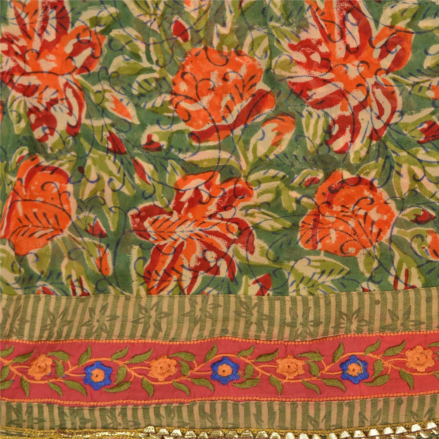 Sanskriti Vintage Sari Blend Georgette Sarees Embroidered Green 5yd Craft Fabric For Crafting, Upcycling, or Even Wearing, DIY Projects