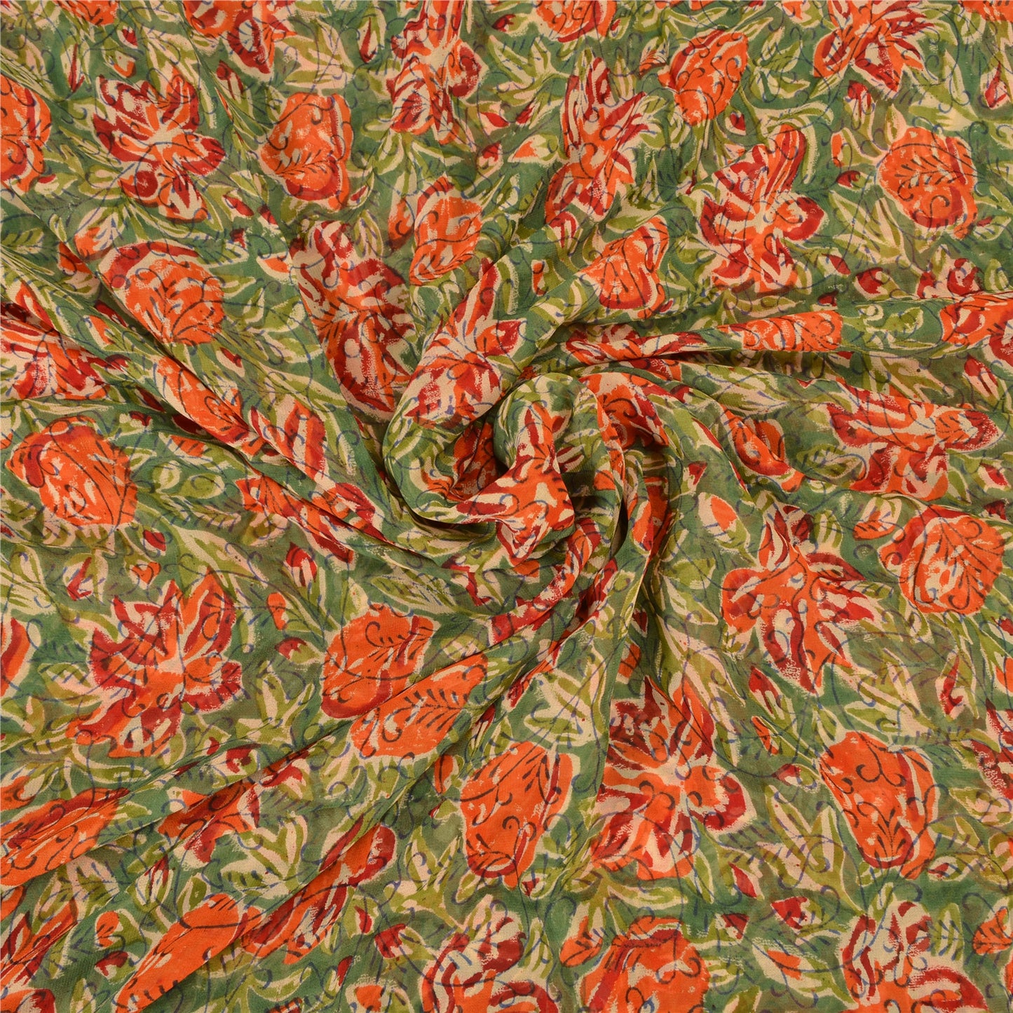 Sanskriti Vintage Sari Blend Georgette Sarees Embroidered Green 5yd Craft Fabric For Crafting, Upcycling, or Even Wearing, DIY Projects