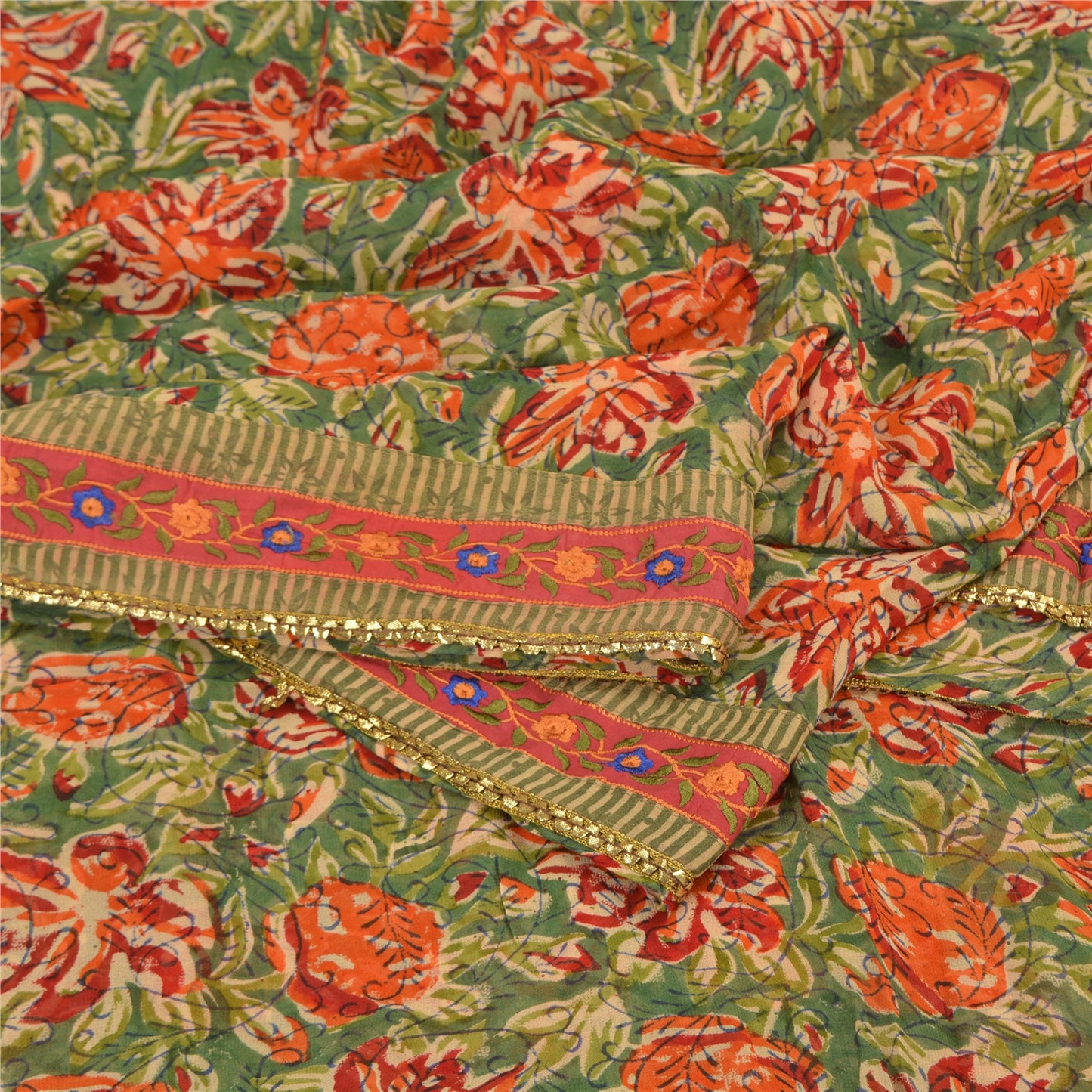 Sanskriti Vintage Sari Blend Georgette Sarees Embroidered Green 5yd Craft Fabric For Crafting, Upcycling, or Even Wearing, DIY Projects