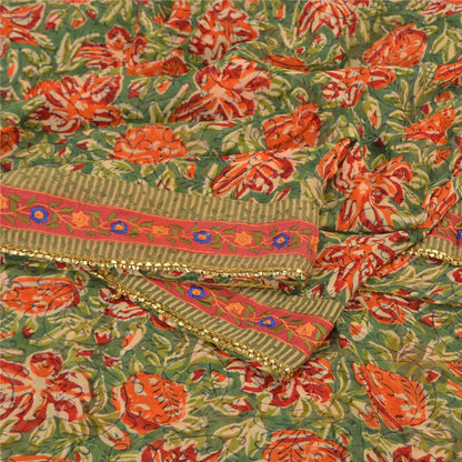 Sanskriti Vintage Sari Blend Georgette Sarees Embroidered Green 5yd Craft Fabric For Crafting, Upcycling, or Even Wearing, DIY Projects