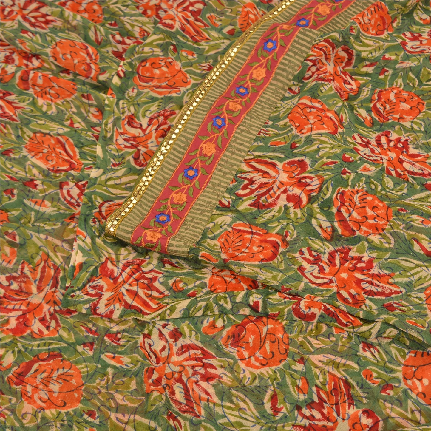 Sanskriti Vintage Sari Blend Georgette Sarees Embroidered Green 5yd Craft Fabric For Crafting, Upcycling, or Even Wearing, DIY Projects