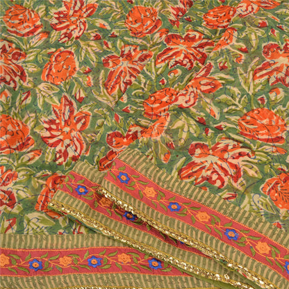 Sanskriti Vintage Sari Blend Georgette Sarees Embroidered Green 5yd Craft Fabric For Crafting, Upcycling, or Even Wearing, DIY Projects