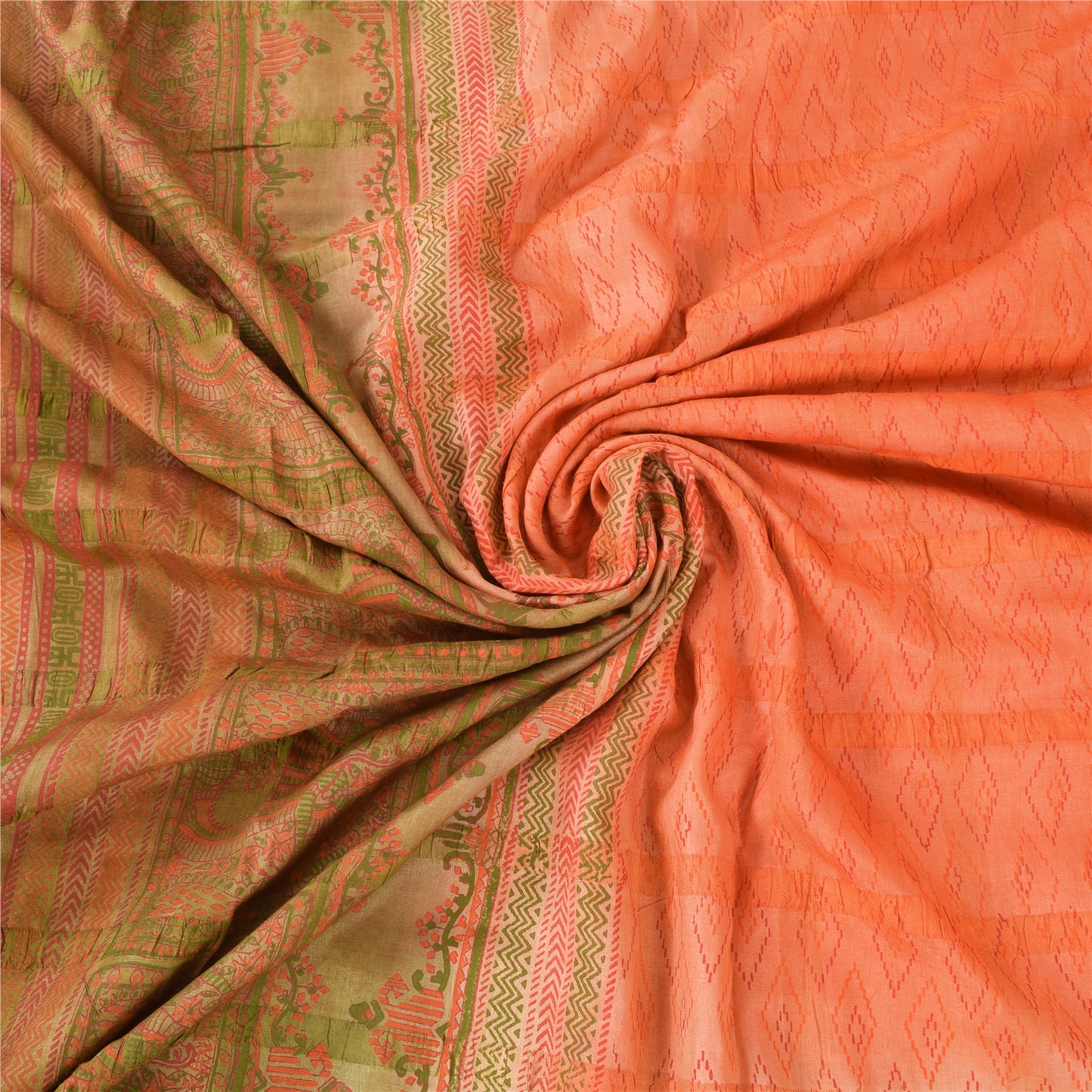 Sanskriti Vintage Peach Sarees Pure Silk Block Printed Premium Sari 5+YD Fabric