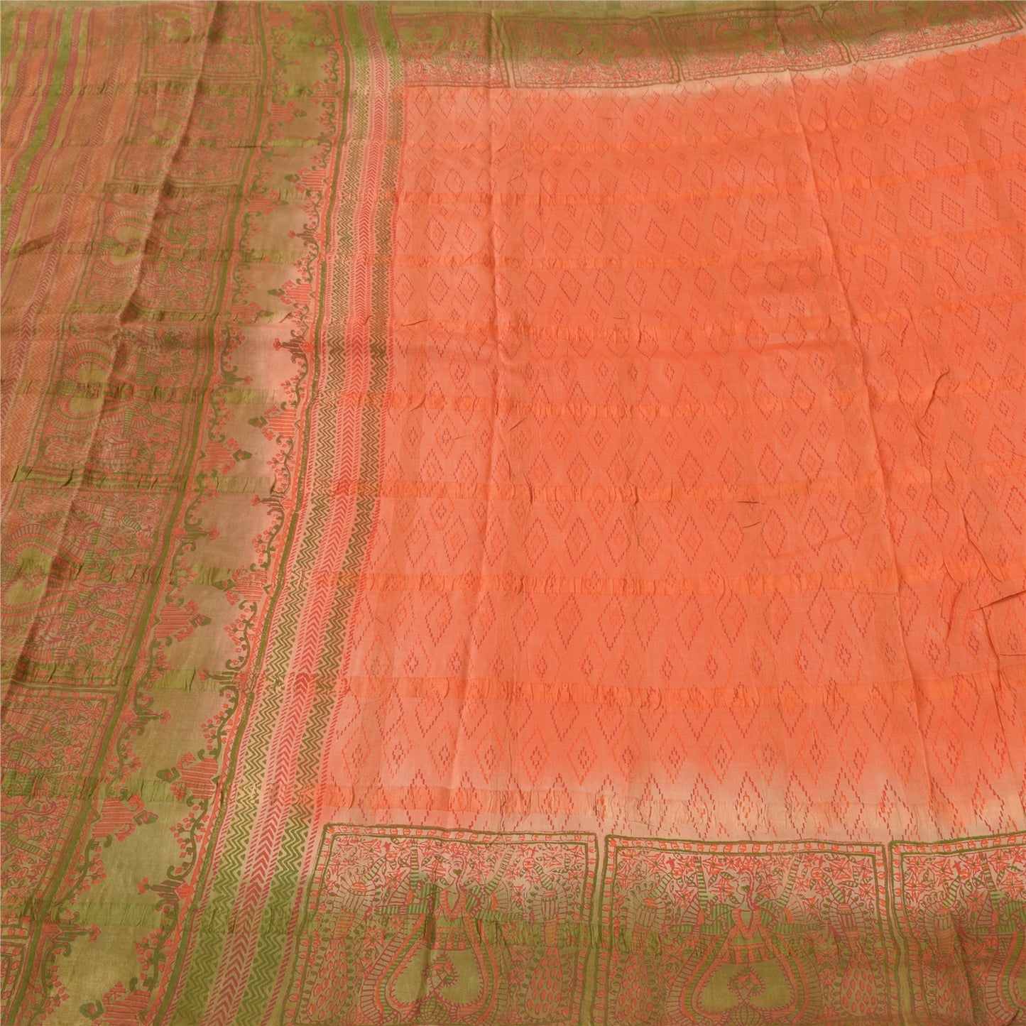 Sanskriti Vintage Peach Sarees Pure Silk Block Printed Premium Sari 5+YD Fabric