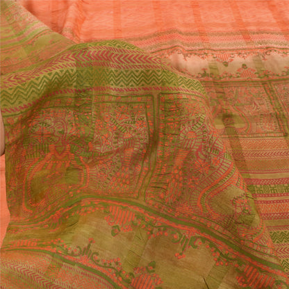 Sanskriti Vintage Peach Sarees Pure Silk Block Printed Premium Sari 5+YD Fabric