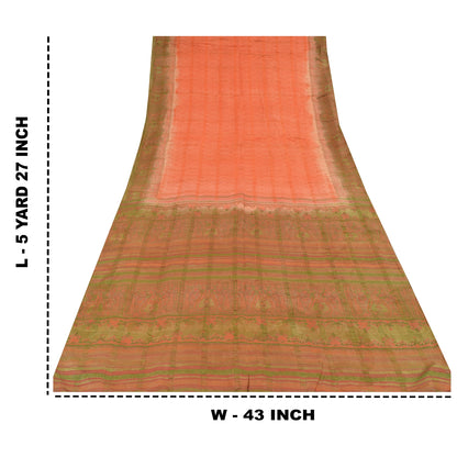 Sanskriti Vintage Peach Sarees Pure Silk Block Printed Premium Sari 5+YD Fabric
