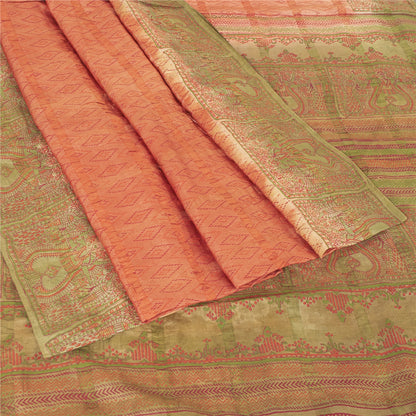Sanskriti Vintage Peach Sarees Pure Silk Block Printed Premium Sari 5+YD Fabric