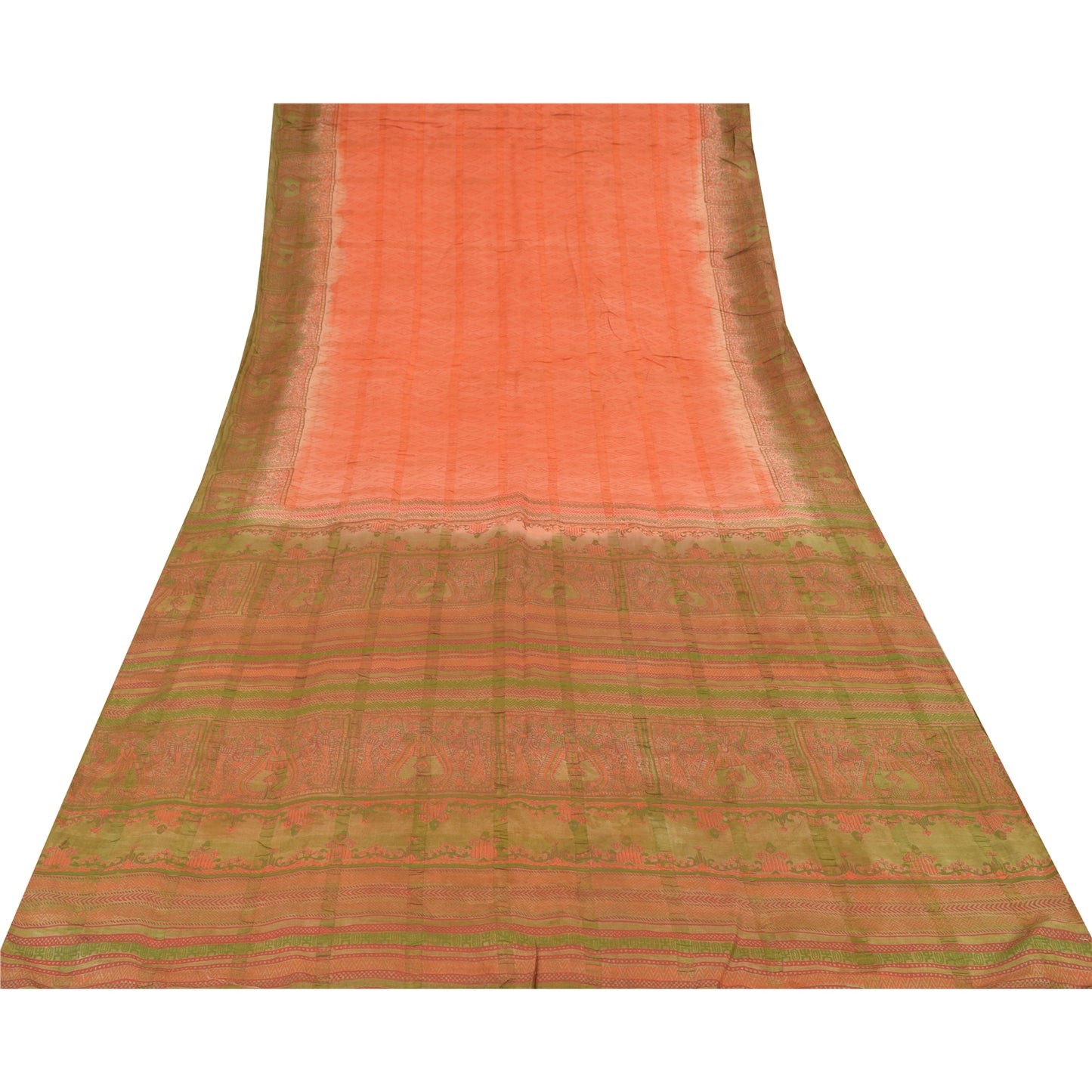 Sanskriti Vintage Peach Sarees Pure Silk Block Printed Premium Sari 5+YD Fabric