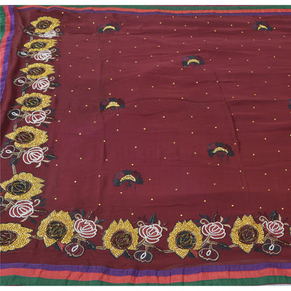 Sanskriti Vintage Sari 100% Pure Georgette Silk Purple Hand beaded Rhinestone Crafters, Upcyclers, Indian Eco-Friendly 5Yd Craft Fabric