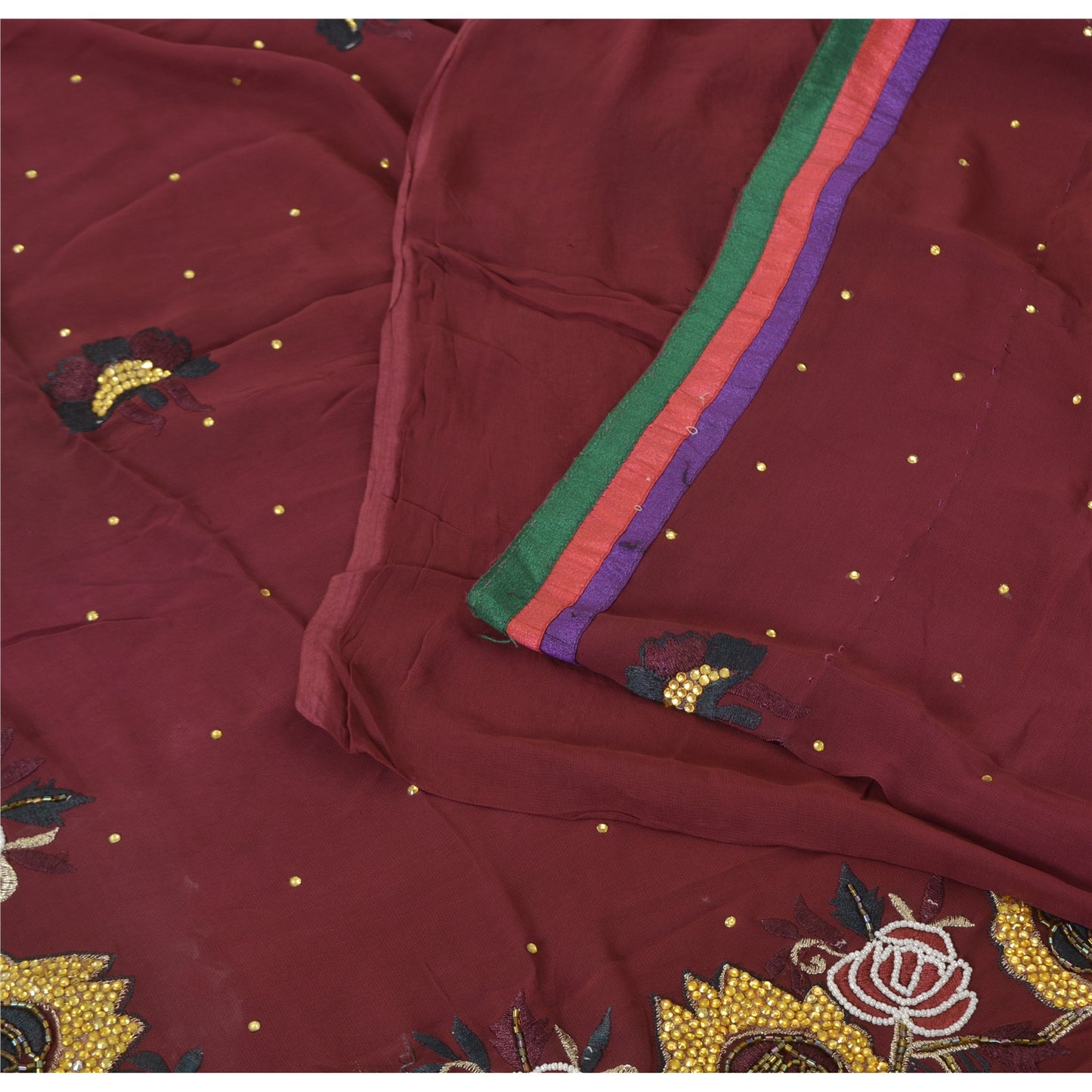 Sanskriti Vintage Sari 100% Pure Georgette Silk Purple Hand beaded Rhinestone Crafters, Upcyclers, Indian Eco-Friendly 5Yd Craft Fabric