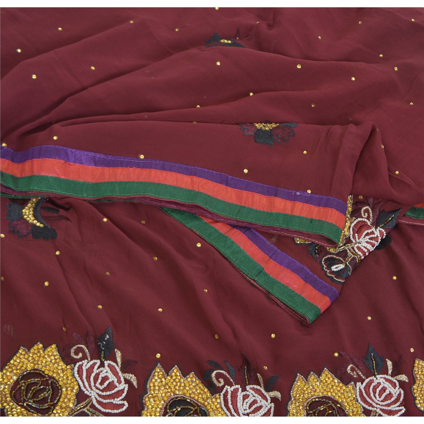 Sanskriti Vintage Sari 100% Pure Georgette Silk Purple Hand beaded Rhinestone Crafters, Upcyclers, Indian Eco-Friendly 5Yd Craft Fabric