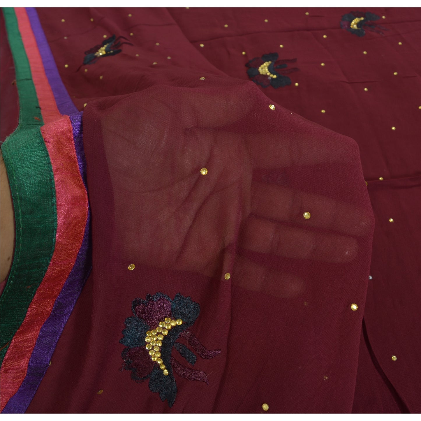 Sanskriti Vintage Sari 100% Pure Georgette Silk Purple Hand beaded Rhinestone Crafters, Upcyclers, Indian Eco-Friendly 5Yd Craft Fabric