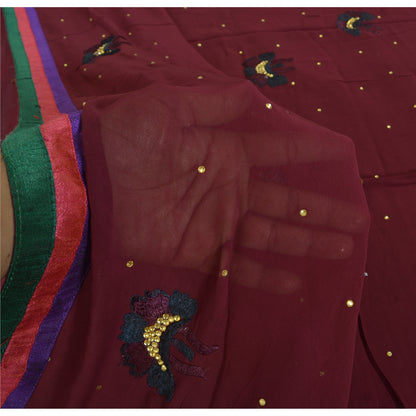 Sanskriti Vintage Sari 100% Pure Georgette Silk Purple Hand beaded Rhinestone Crafters, Upcyclers, Indian Eco-Friendly 5Yd Craft Fabric