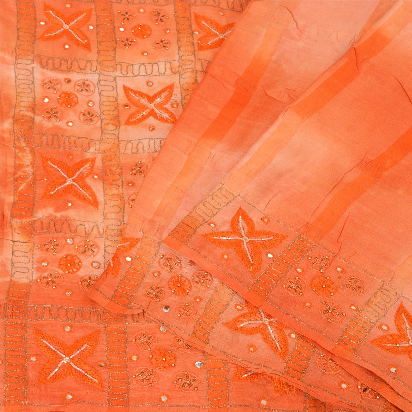 Sanskriti Vintage Orange Sarees Pure Silk Hand Beaded Premium Craft Fabric Sari
