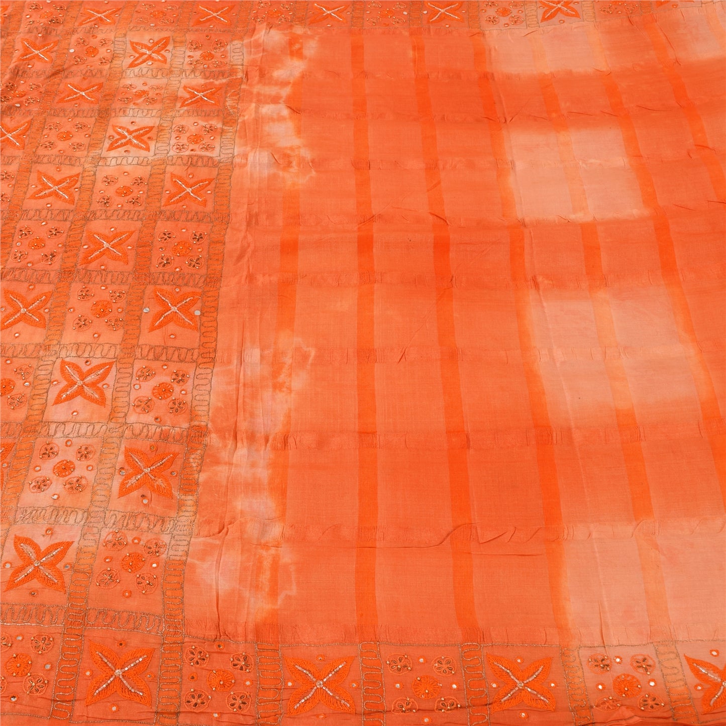 Sanskriti Vintage Orange Sarees Pure Silk Hand Beaded Premium Craft Fabric Sari