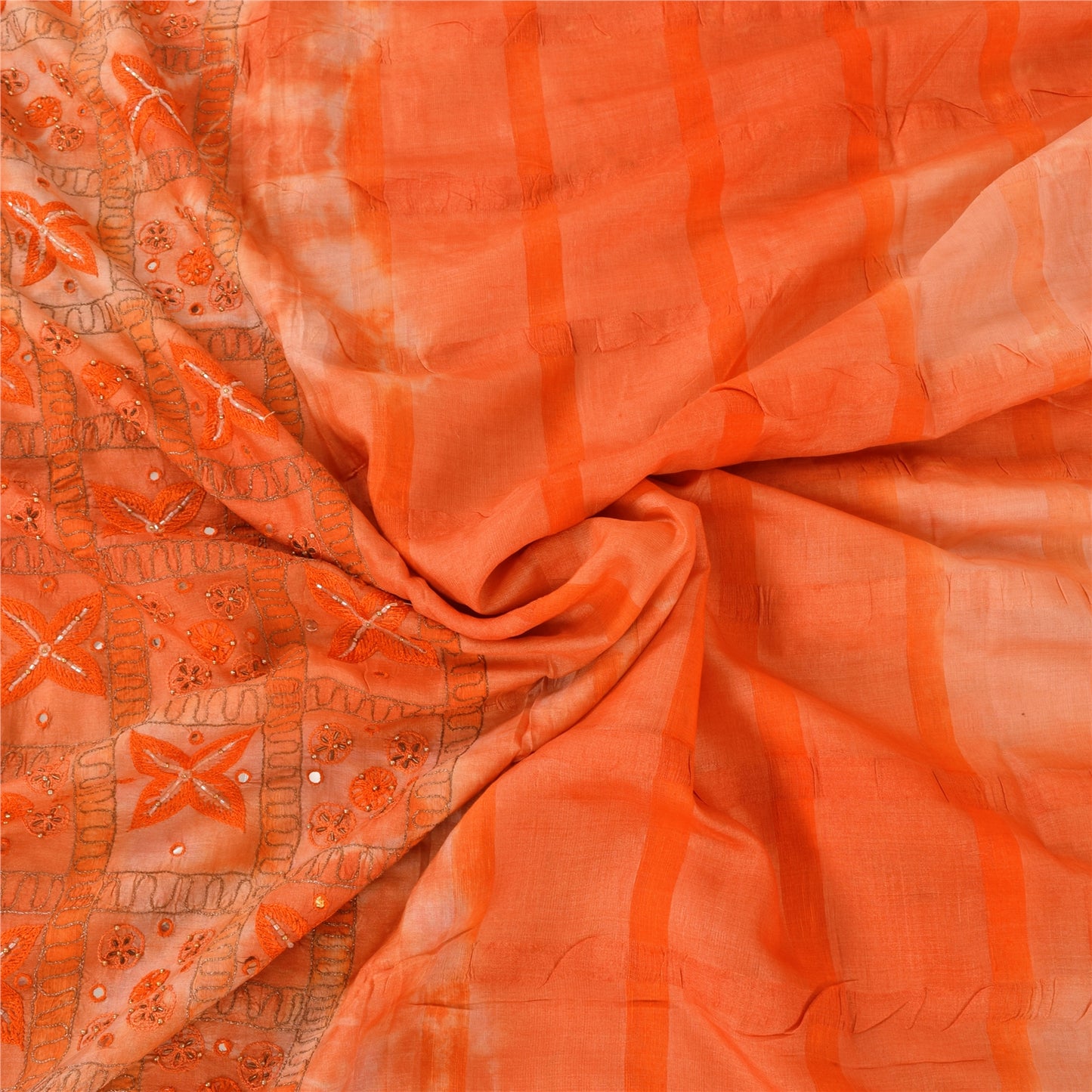 Sanskriti Vintage Orange Sarees Pure Silk Hand Beaded Premium Craft Fabric Sari