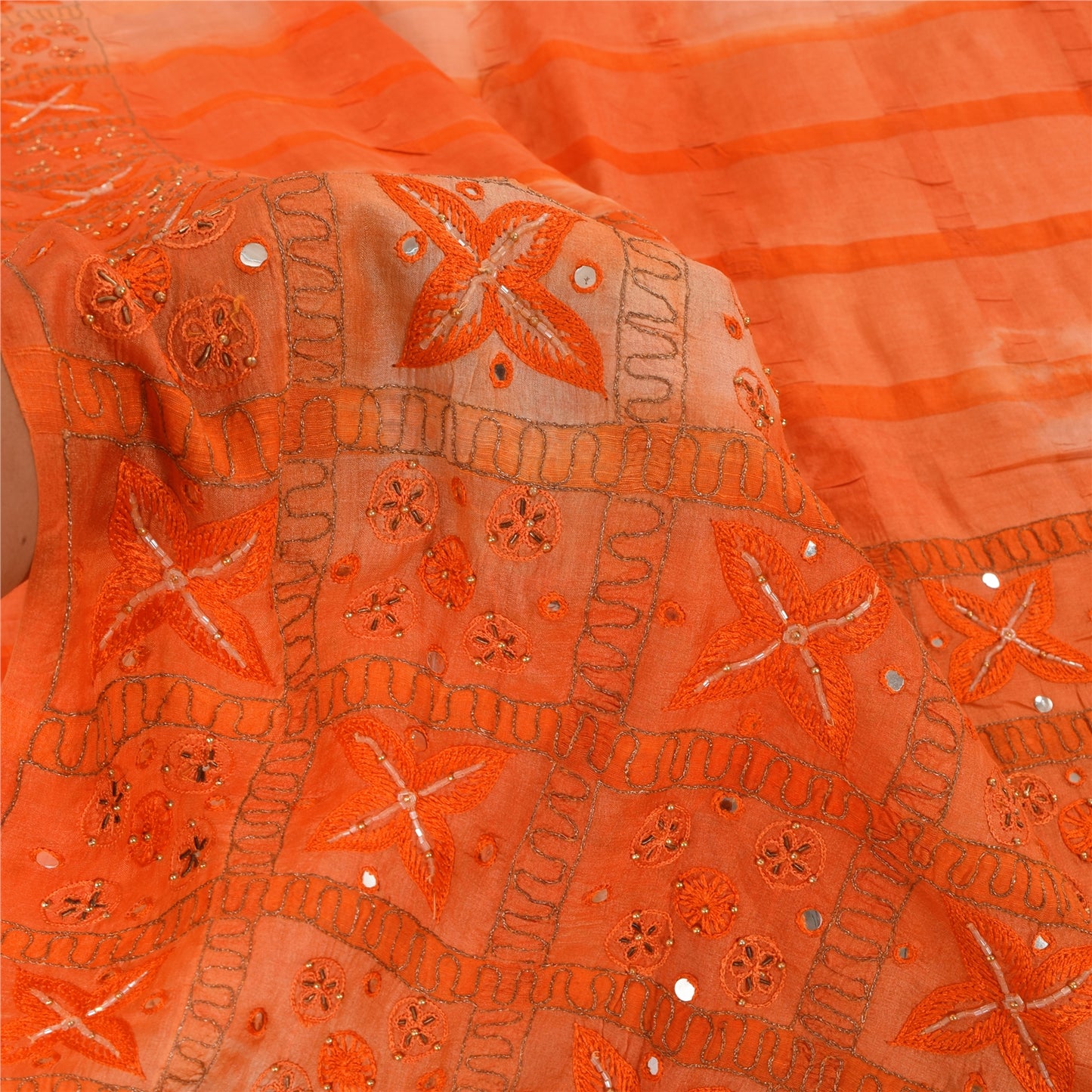 Sanskriti Vintage Orange Sarees Pure Silk Hand Beaded Premium Craft Fabric Sari