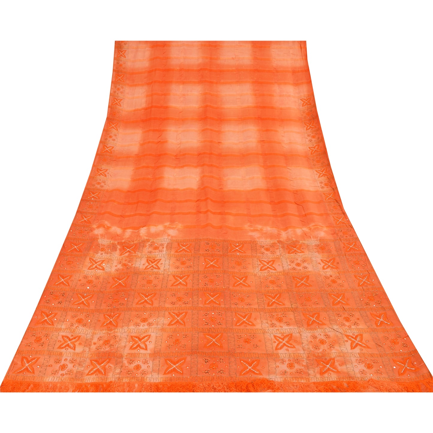 Sanskriti Vintage Orange Sarees Pure Silk Hand Beaded Premium Craft Fabric Sari