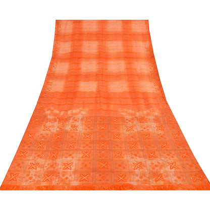 Sanskriti Vintage Orange Sarees Pure Silk Hand Beaded Premium Craft Fabric Sari