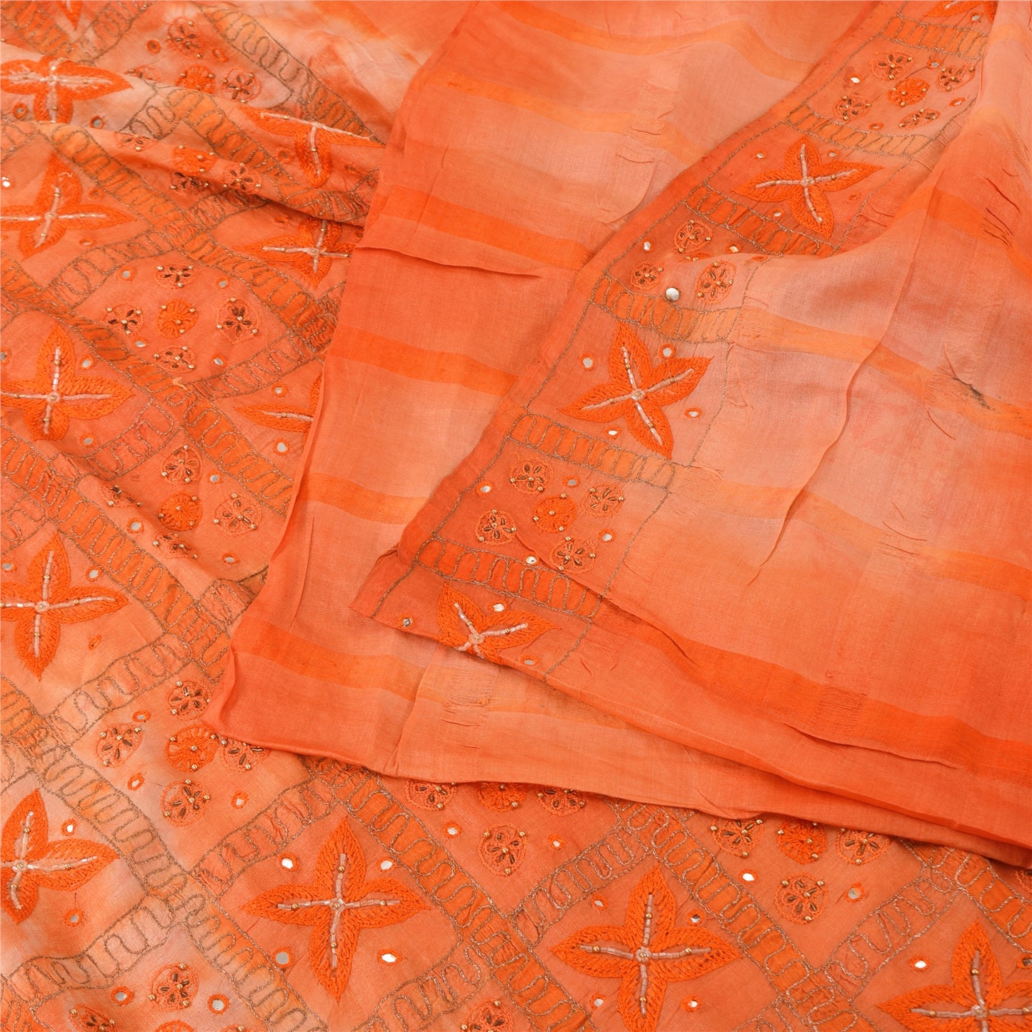 Sanskriti Vintage Orange Sarees Pure Silk Hand Beaded Premium Craft Fabric Sari