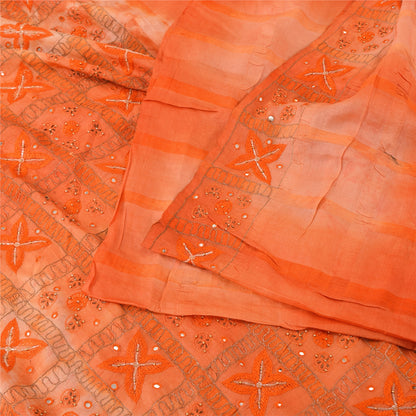 Sanskriti Vintage Orange Sarees Pure Silk Hand Beaded Premium Craft Fabric Sari