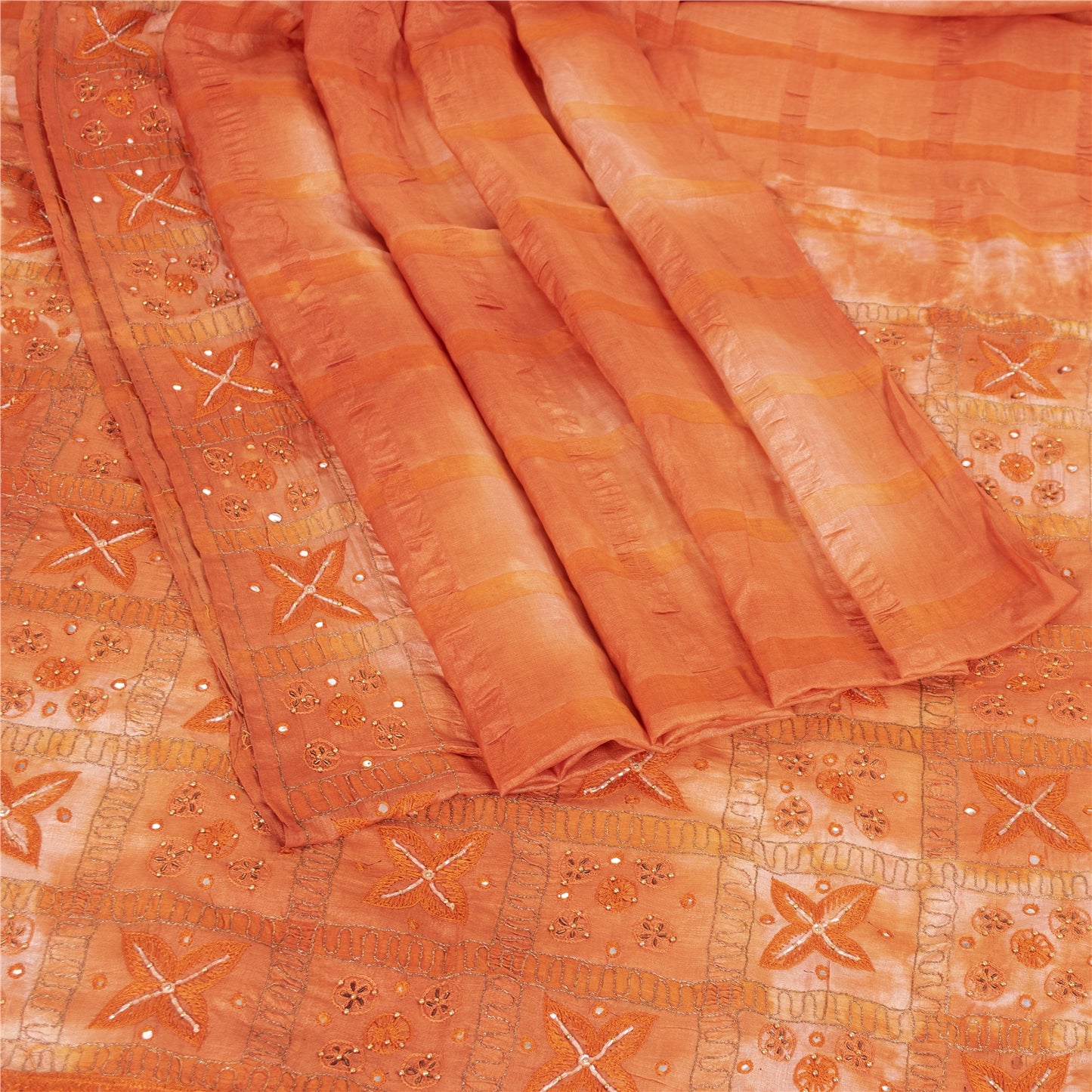 Sanskriti Vintage Orange Sarees Pure Silk Hand Beaded Premium Craft Fabric Sari