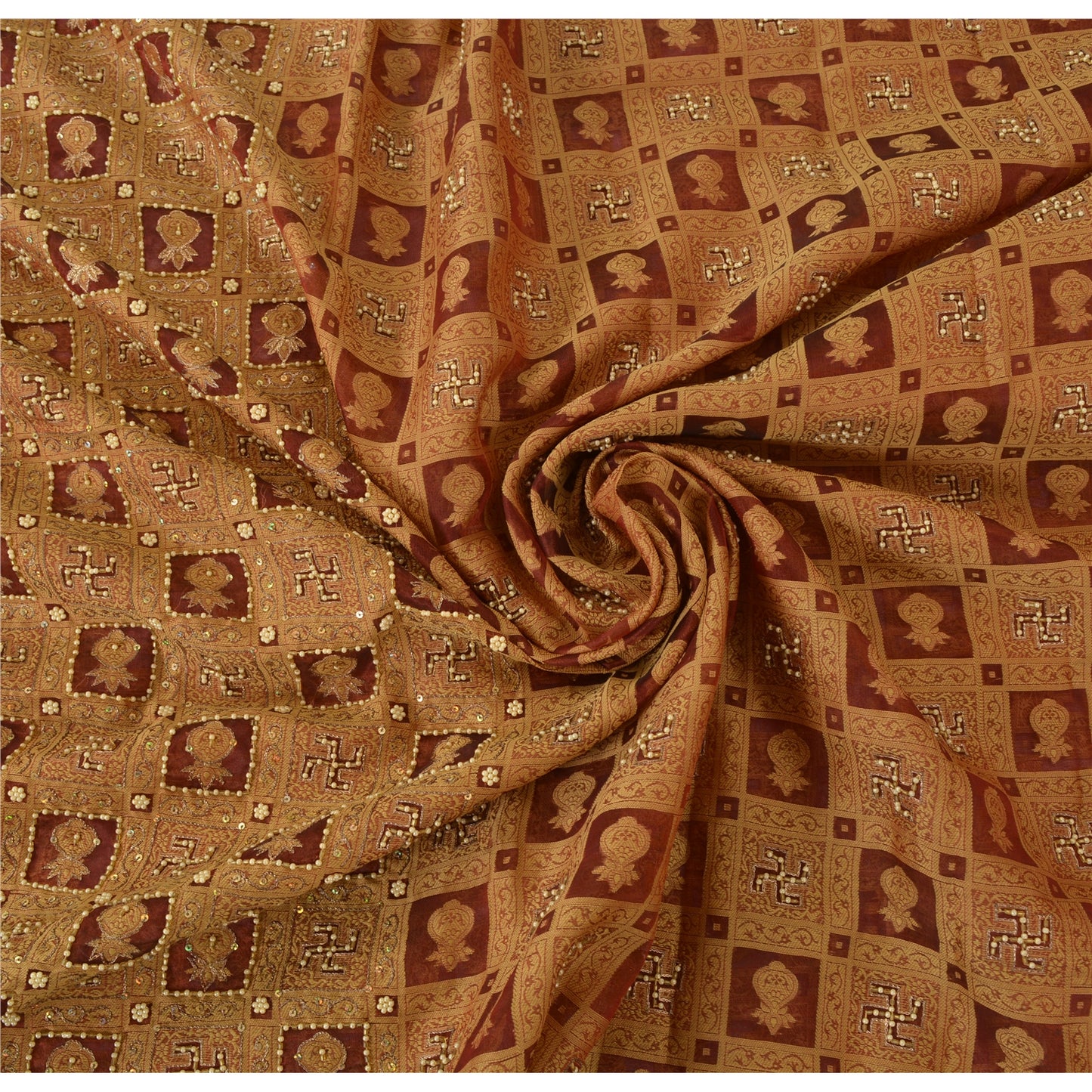 Sanskriti Vintage Brown Sarees Pure Organza Hand Beaded Zari & Woven Fabric Sari