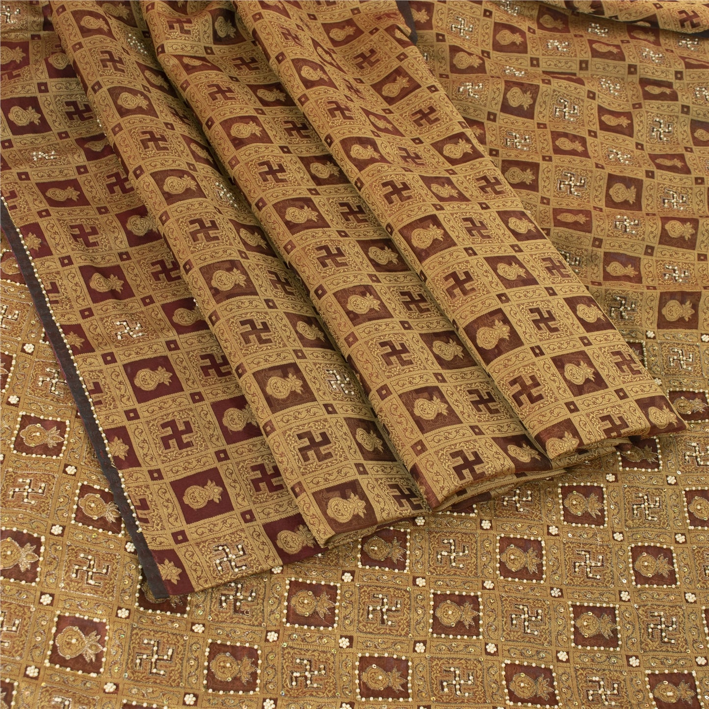 Sanskriti Vintage Brown Sarees Pure Organza Hand Beaded Zari & Woven Fabric Sari