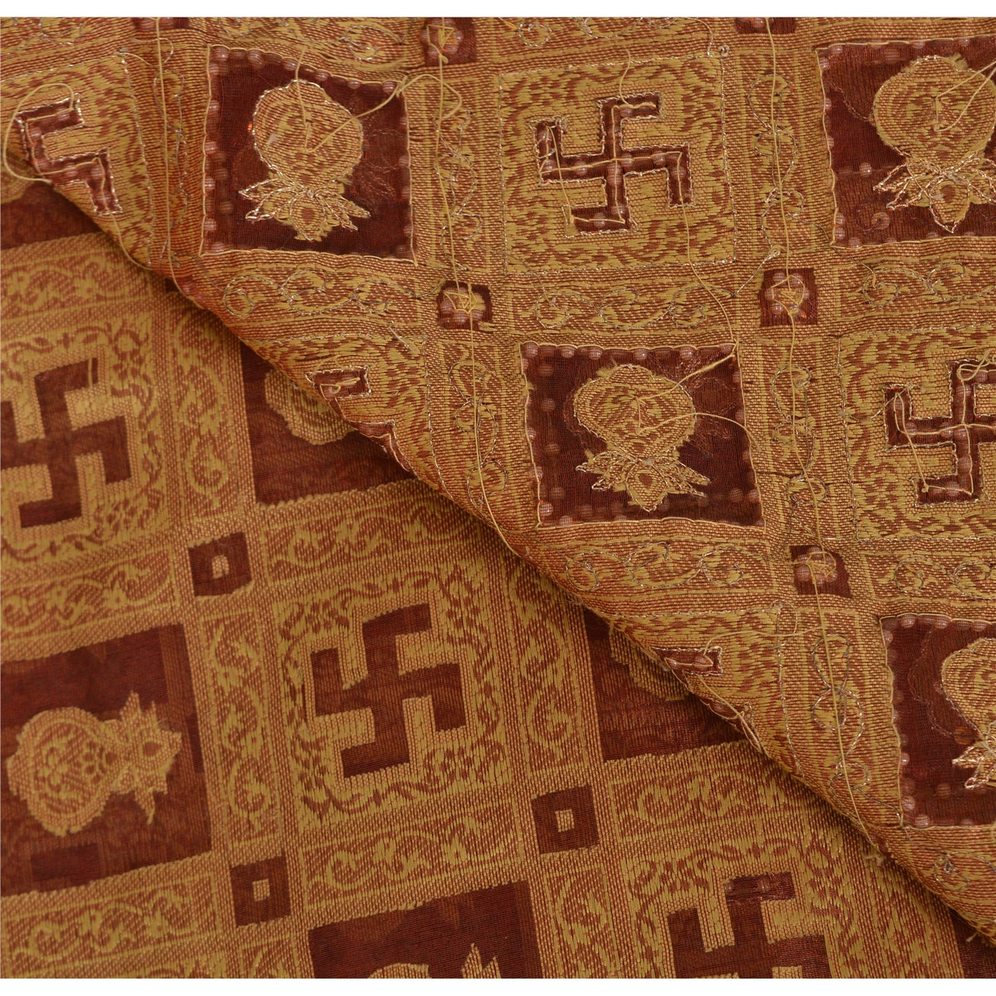 Sanskriti Vintage Brown Sarees Pure Organza Hand Beaded Zari & Woven Fabric Sari