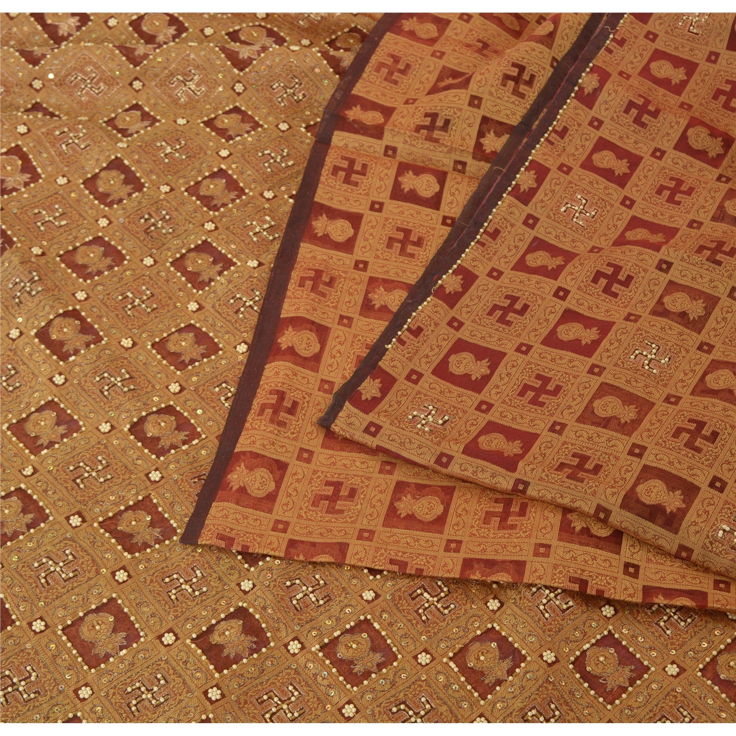 Sanskriti Vintage Brown Sarees Pure Organza Hand Beaded Zari & Woven Fabric Sari