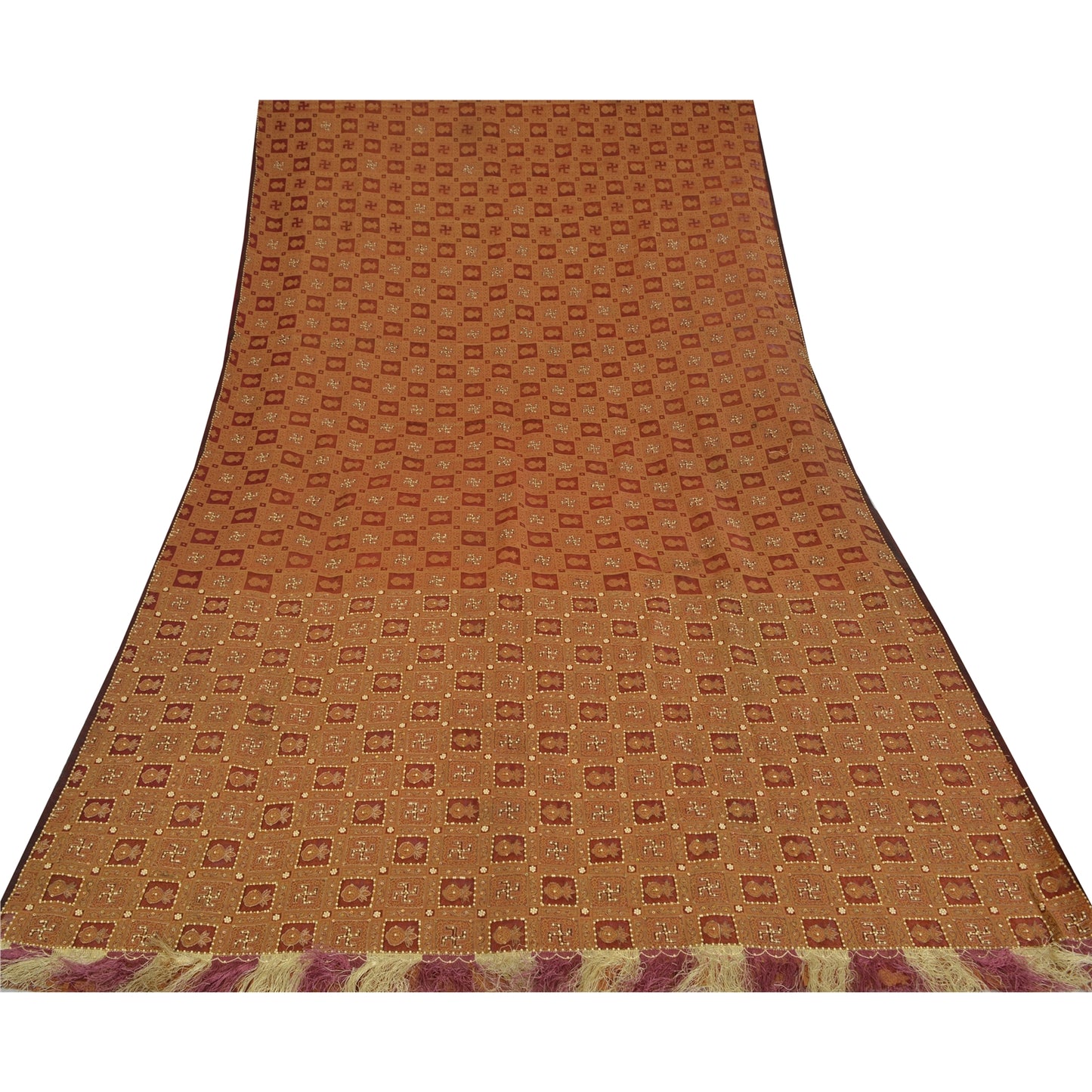 Sanskriti Vintage Brown Sarees Pure Organza Hand Beaded Zari & Woven Fabric Sari