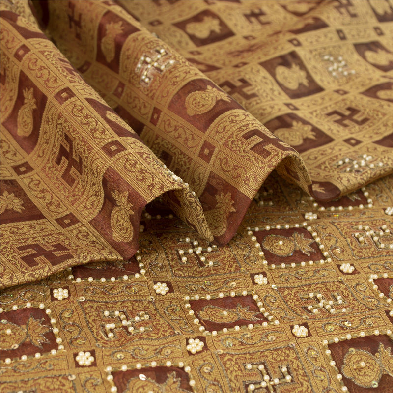 Sanskriti Vintage Brown Sarees Pure Organza Hand Beaded Zari & Woven Fabric Sari
