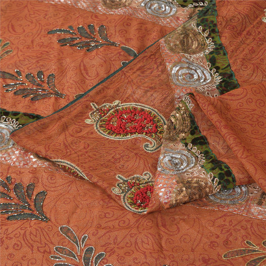 Sanskriti Vintage Antik Vintage Sari Blandet Georgette Håndbroderi Malet Bæredygtigt Stoff Sari