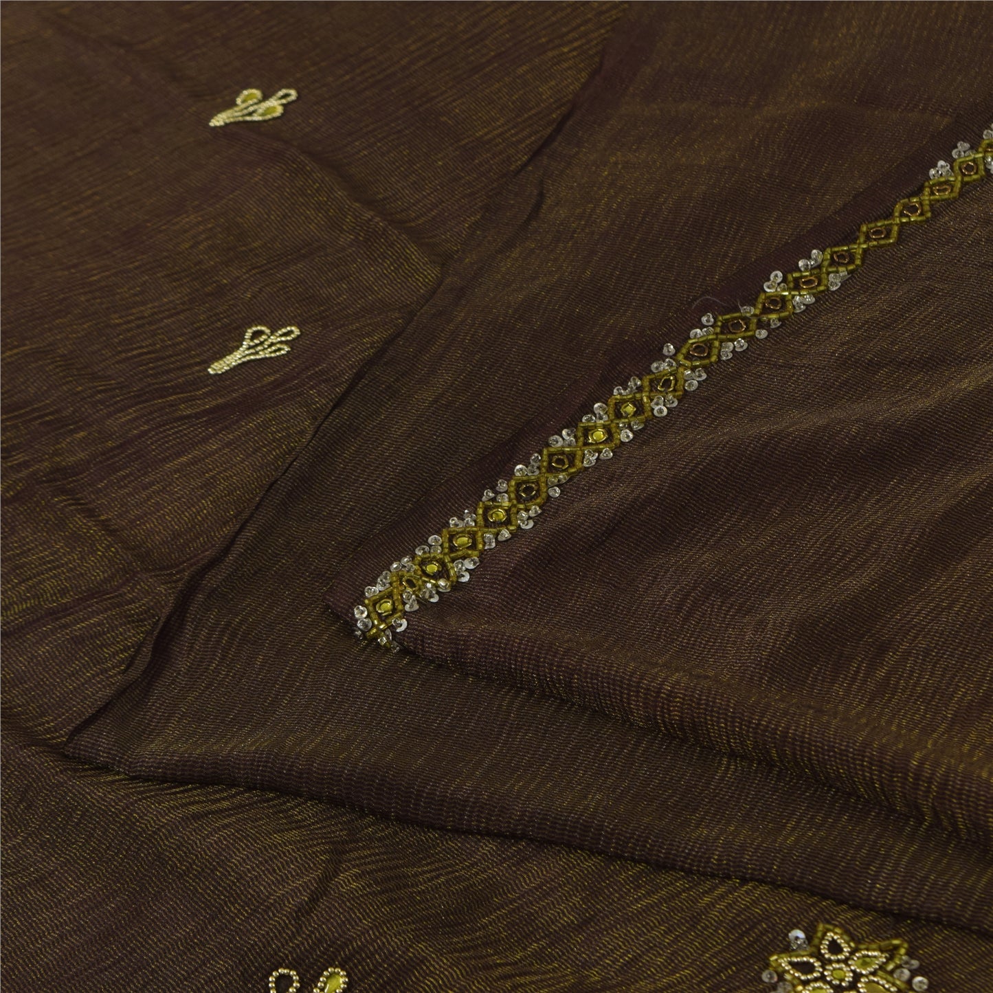 Sanskriti Vintage Dark Brown Sarees Pure Silk Hand Beaded Sari 5+ yd Fabric