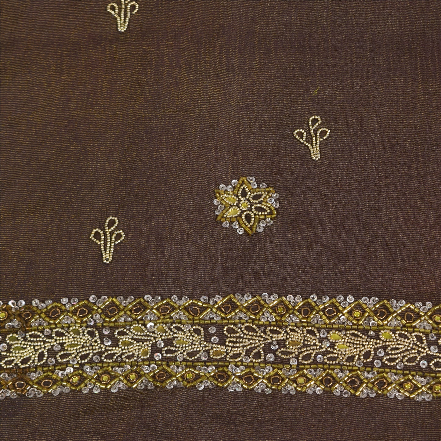 Sanskriti Vintage Dark Brown Sarees Pure Silk Hand Beaded Sari 5+ yd Fabric