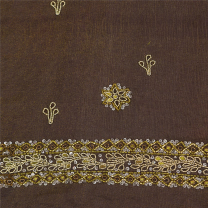 Sanskriti Vintage Dark Brown Sarees Pure Silk Hand Beaded Sari 5+ yd Fabric