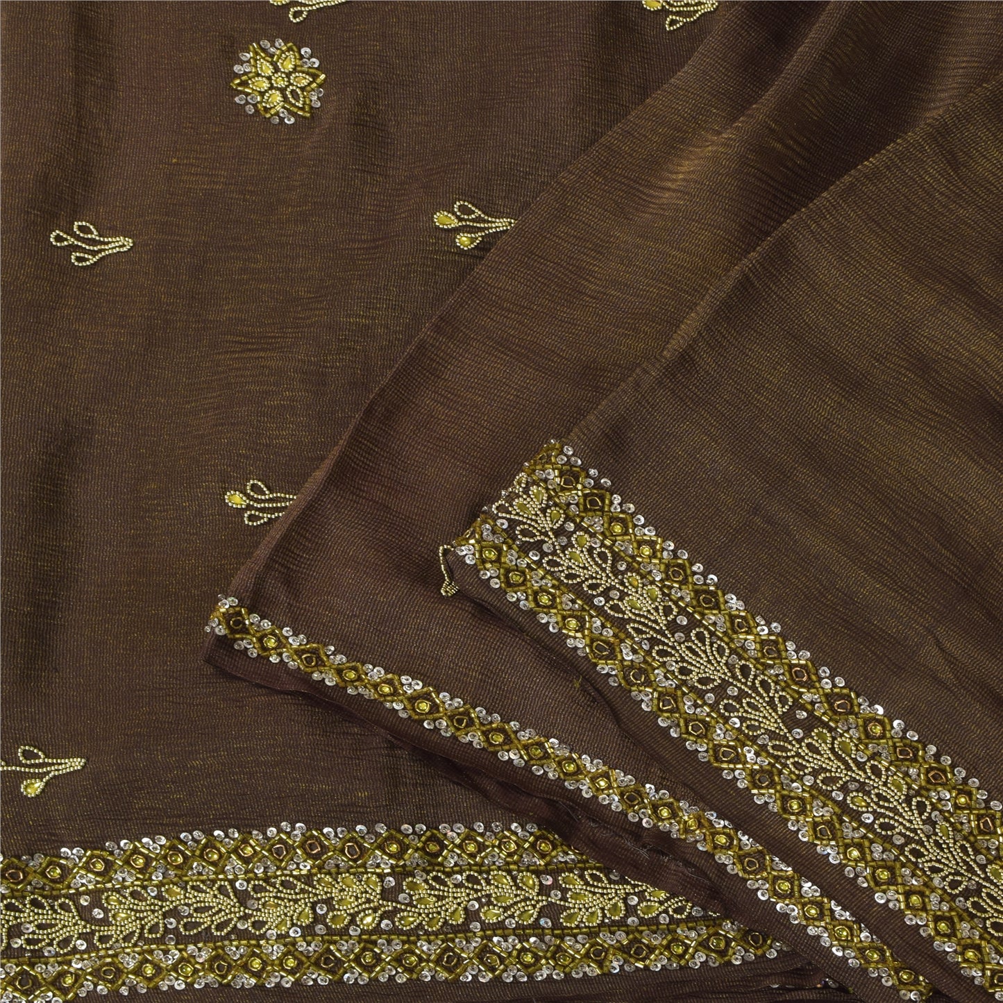 Sanskriti Vintage Dark Brown Sarees Pure Silk Hand Beaded Sari 5+ yd Fabric