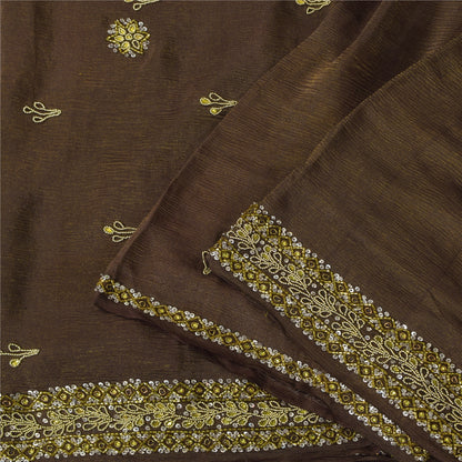 Sanskriti Vintage Dark Brown Sarees Pure Silk Hand Beaded Sari 5+ yd Fabric