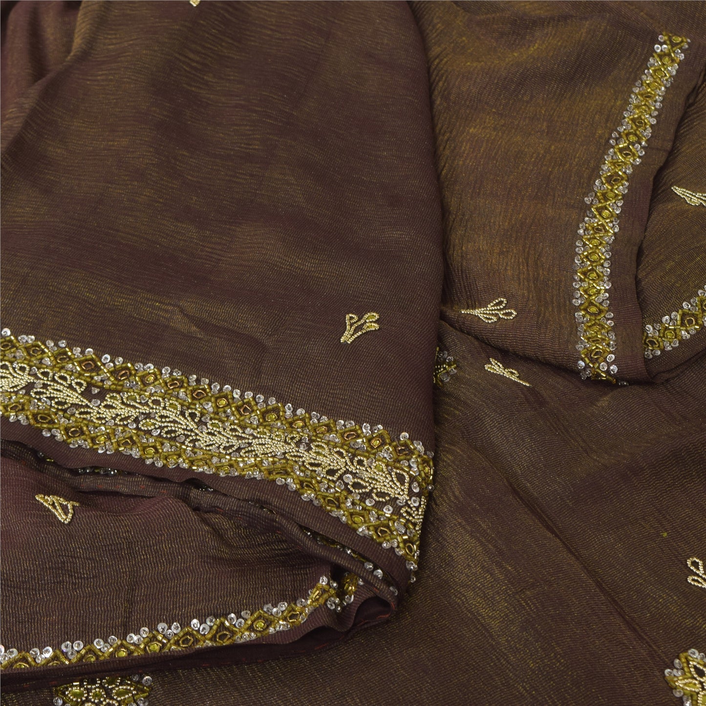 Sanskriti Vintage Dark Brown Sarees Pure Silk Hand Beaded Sari 5+ yd Fabric