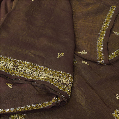 Sanskriti Vintage Dark Brown Sarees Pure Silk Hand Beaded Sari 5+ yd Fabric