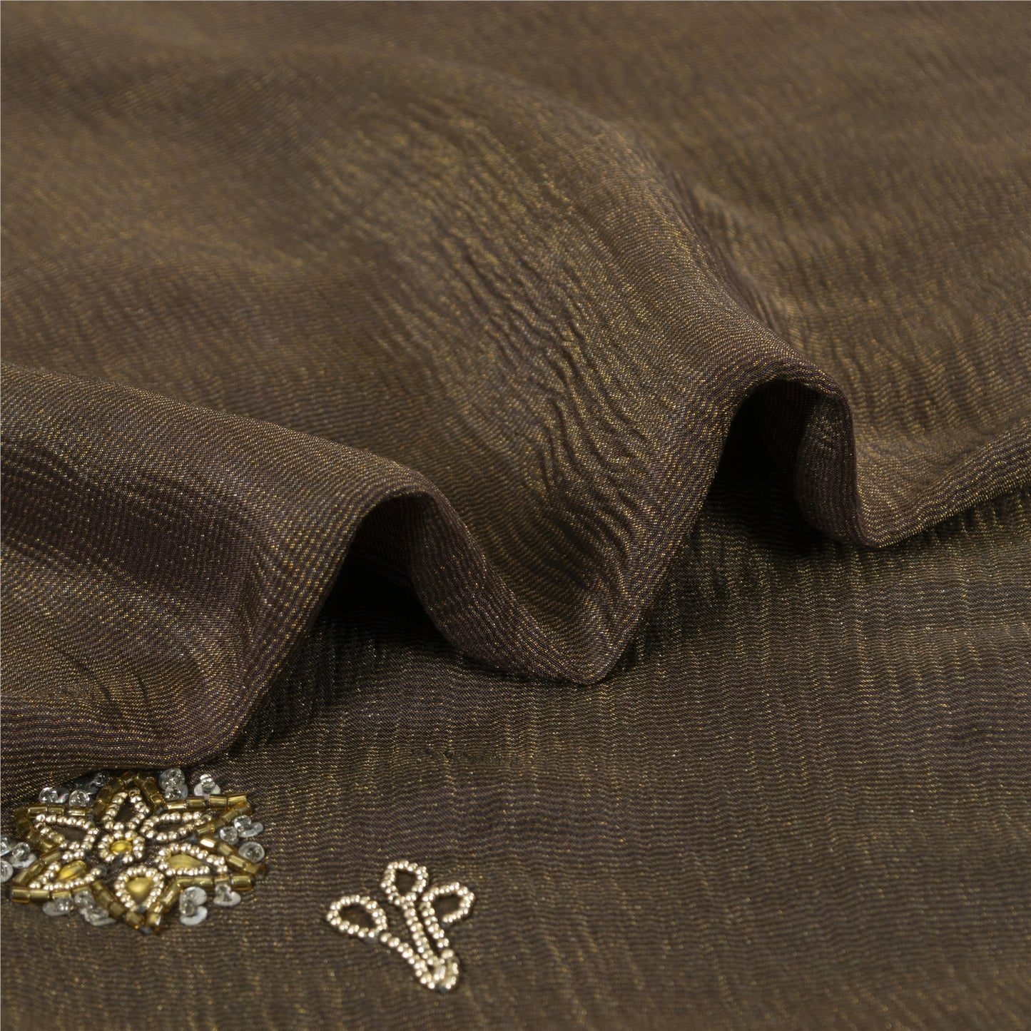 Sanskriti Vintage Dark Brown Sarees Pure Silk Hand Beaded Sari 5+ yd Fabric
