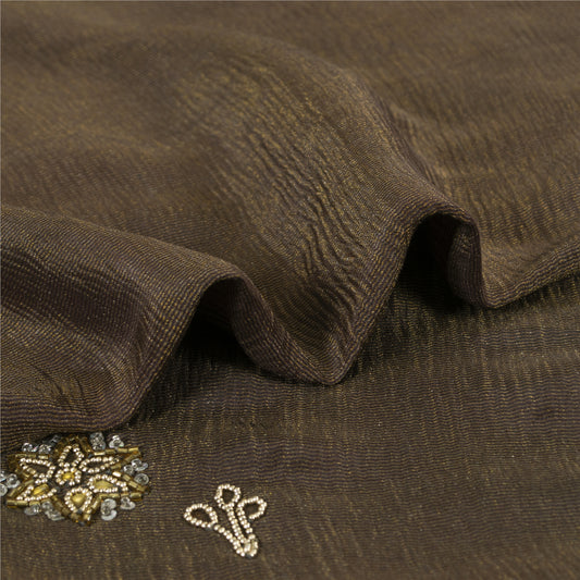 Sanskriti Vintage Dark Brown Sarees Pure Silk Hand Beaded Sari 5+ yd Fabric