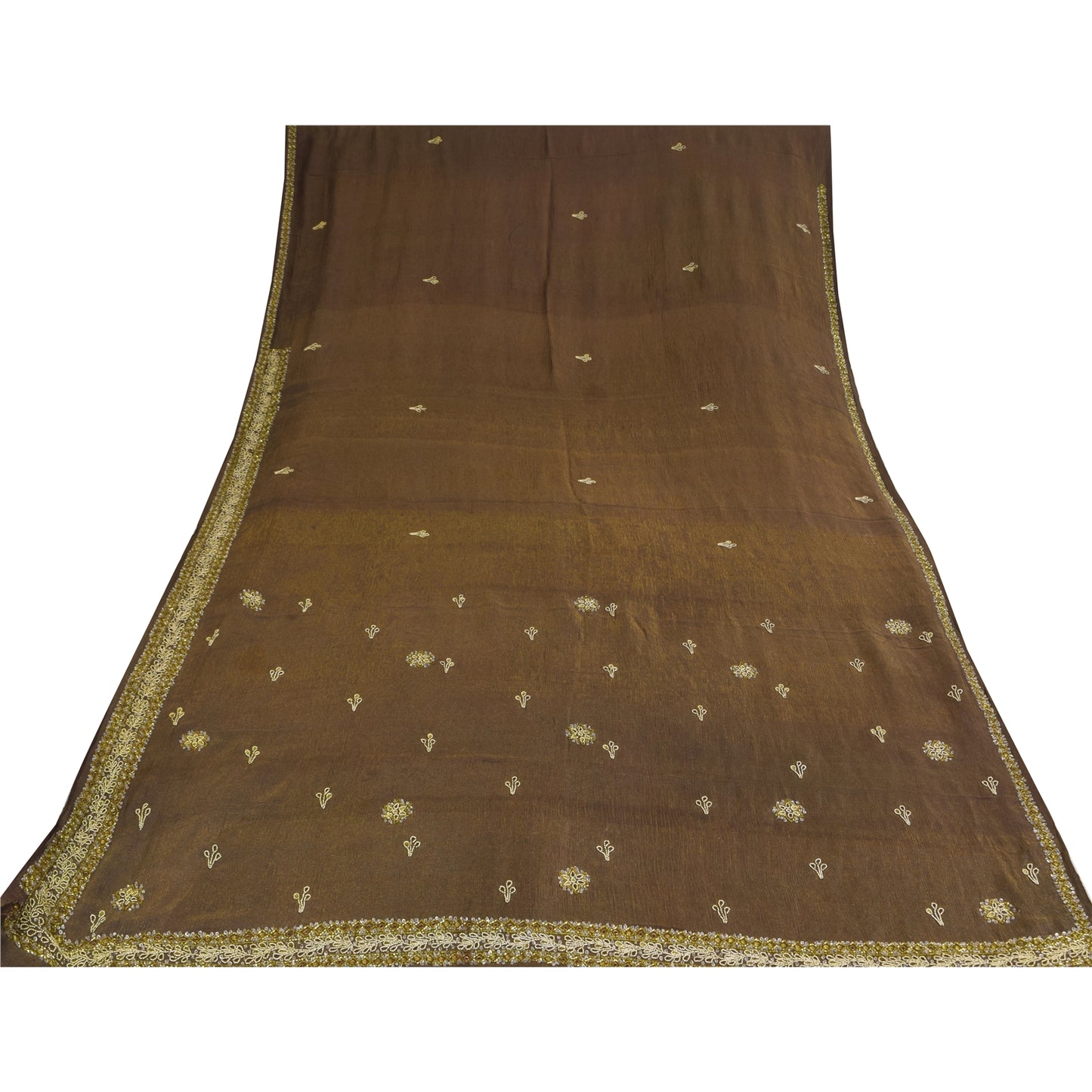 Sanskriti Vintage Dark Brown Sarees Pure Silk Hand Beaded Sari 5+ yd Fabric